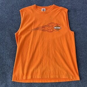 Harley-Davidson Shirt Mens XL Orange Sleeveless Flame Graphic Made USA Uniontown